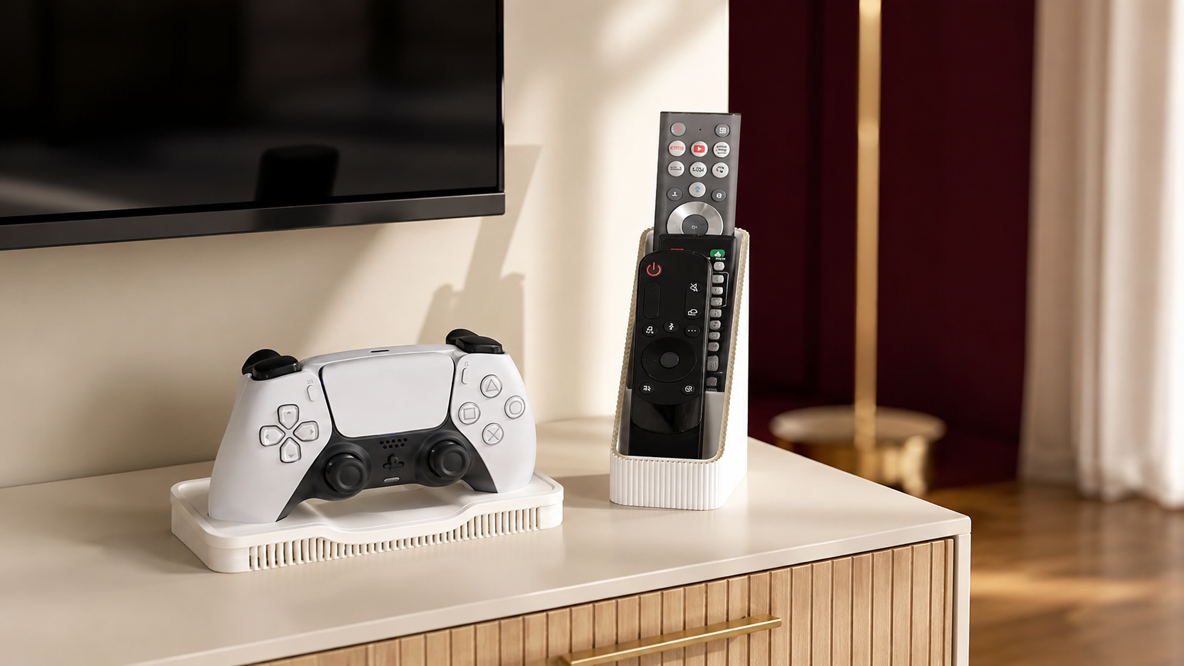 Custom 3D-printed game controller and remote-control organizers