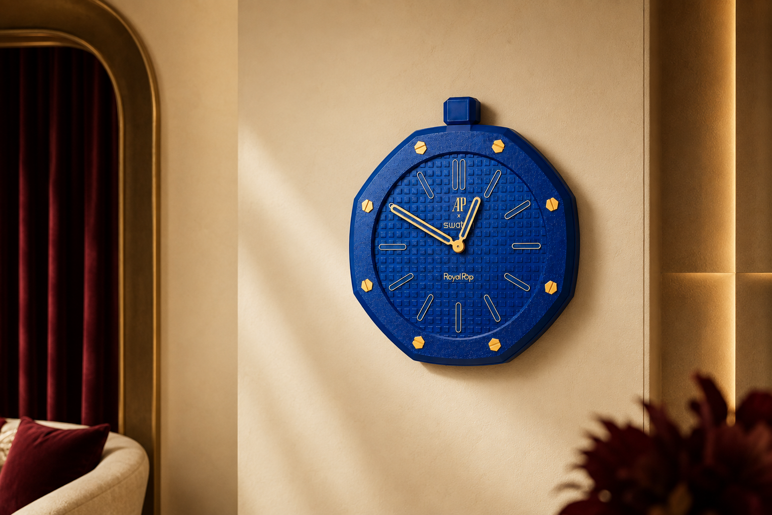 Blue and gold custom 3D-printed statement wall clock