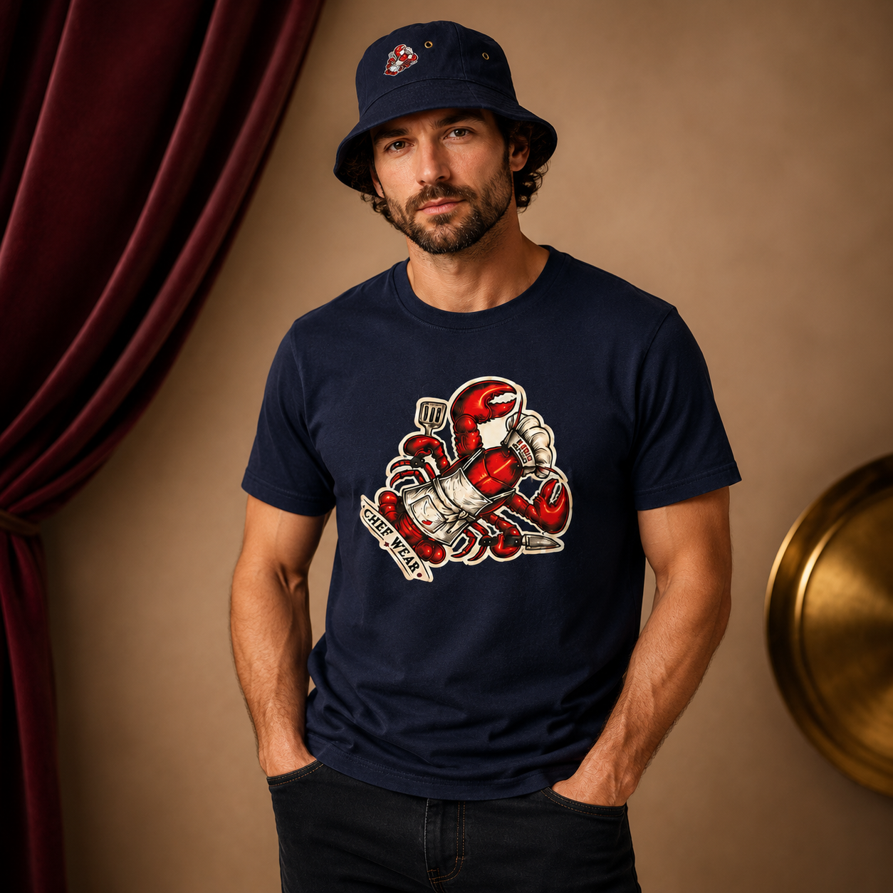 Model wearing a custom navy bucket hat and matching printed T-shirt