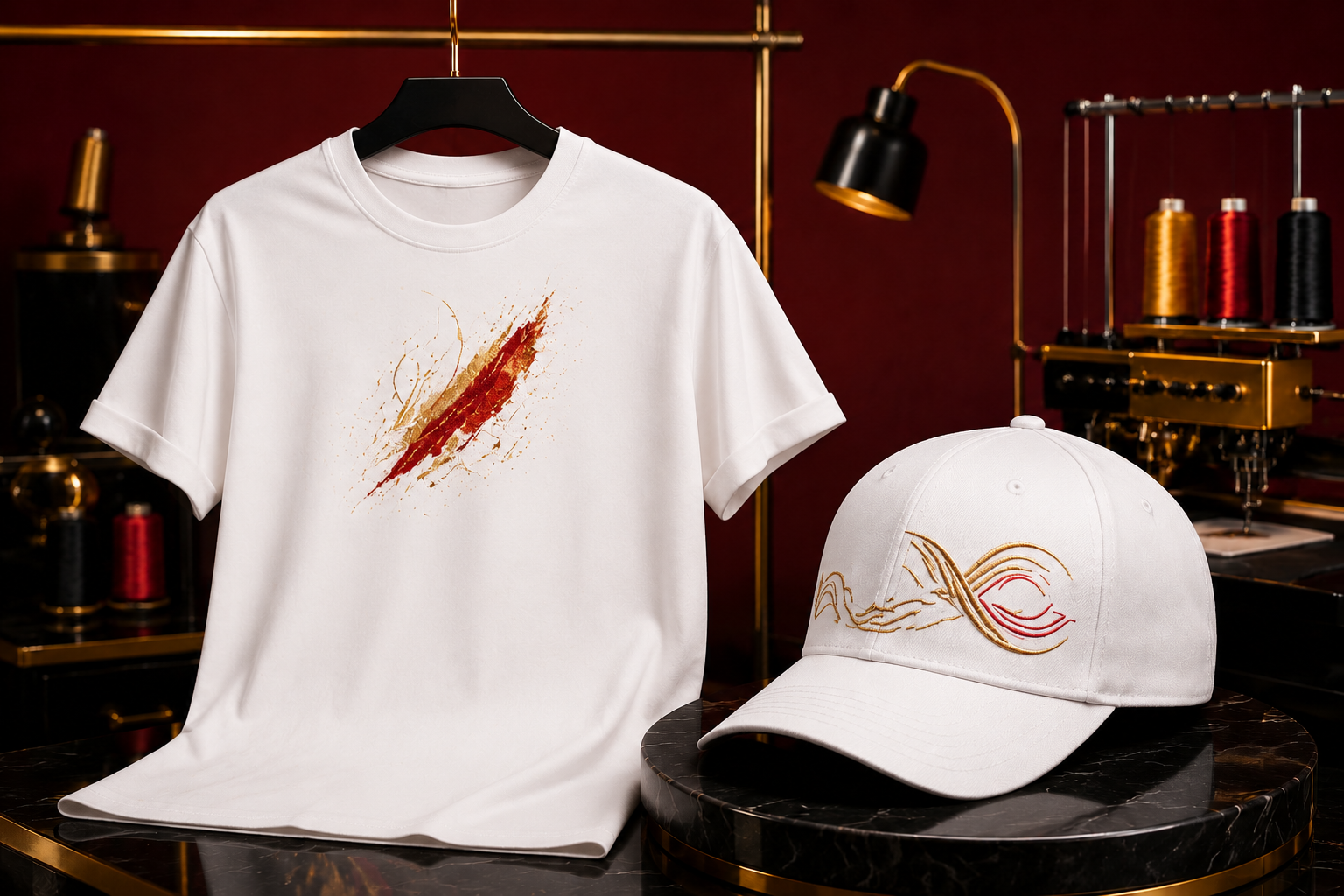 Premium custom printed T-shirt and embroidered cap in the Print Stamp Wear studio